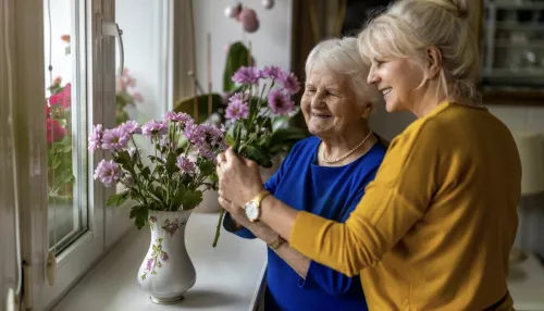 Frau verbringt Zeit mit ihrer betagten Mutter zu Hause