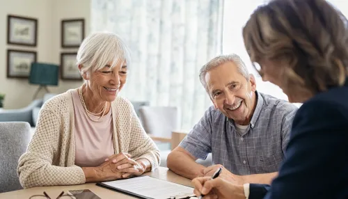 Senioren-Paar Beratung mit Pflegeberater am Wohnzimmertisch