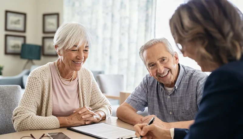 Senioren-Paar Beratung mit Pflegeberater am Wohnzimmertisch
