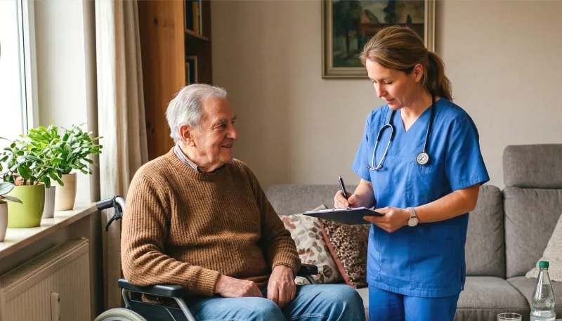 Ein älterer Mann in einem braunen Pullover und blauen Jeans sitzt in einem Rollstuhl. Eine Frau in blauer Pflegekleidung mit einem Stethoskop um den Hals steht neben ihm und schreibt auf einem Klemmbrett.