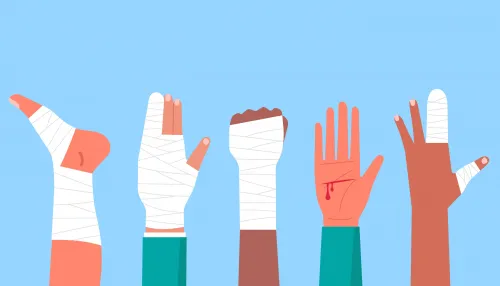 Illustrationen von verschiedenen bandagierten Arm und Bein Verletzungen.