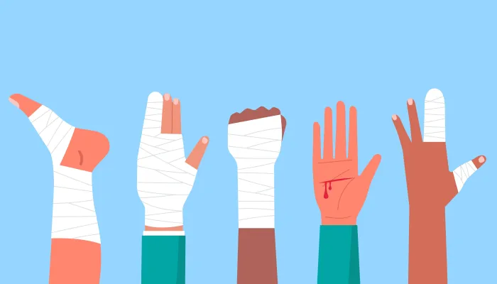 Illustrationen von verschiedenen bandagierten Arm und Bein Verletzungen.